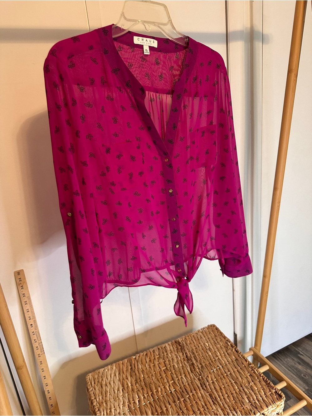 Chaus Fuchsia Sheer Tie-Front Blouse with Black Motifs